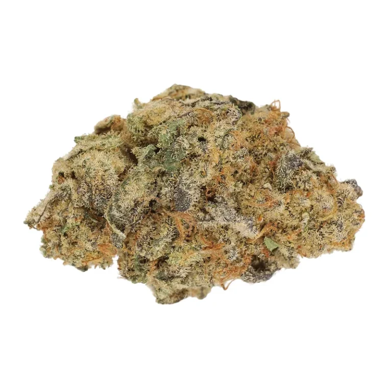 Nahaufnahme einer Banana Cream Cake Cannabisblüte mit sichtbaren Trichomen