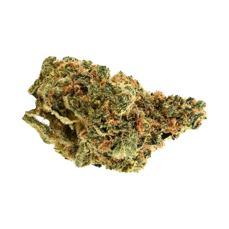 Blüte der Cannabis-Sorte Big Red Beard mit roten Stempelfäden und dichtem Harzüberzug
