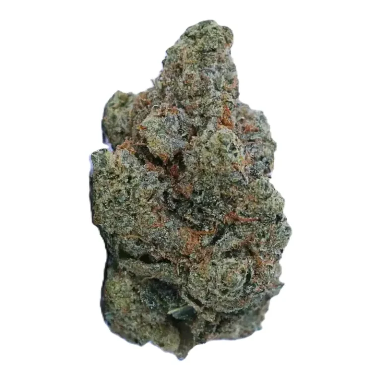 Blue Z Cannabisblüte mit violetten Farbtönen und dichtem Trichombelag