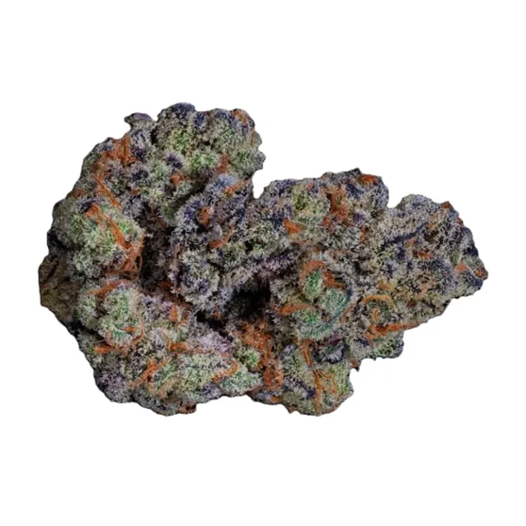 Blueberry Headband Cannabisblüte mit violetten Blättern und dichten, harzigen Trichomen