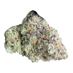 Dichte, violette Crazy-Rntz-Cannabisblüte mit frostigen Trichomen im Nahaufnahme-Detail