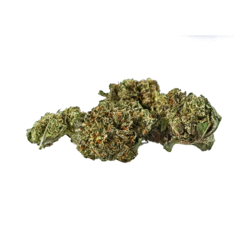 French Cookies Cannabisblüte mit dichten Trichomen als Beispiel für einen Hybrid-Indica mit Bisabolol-Terpenprofil