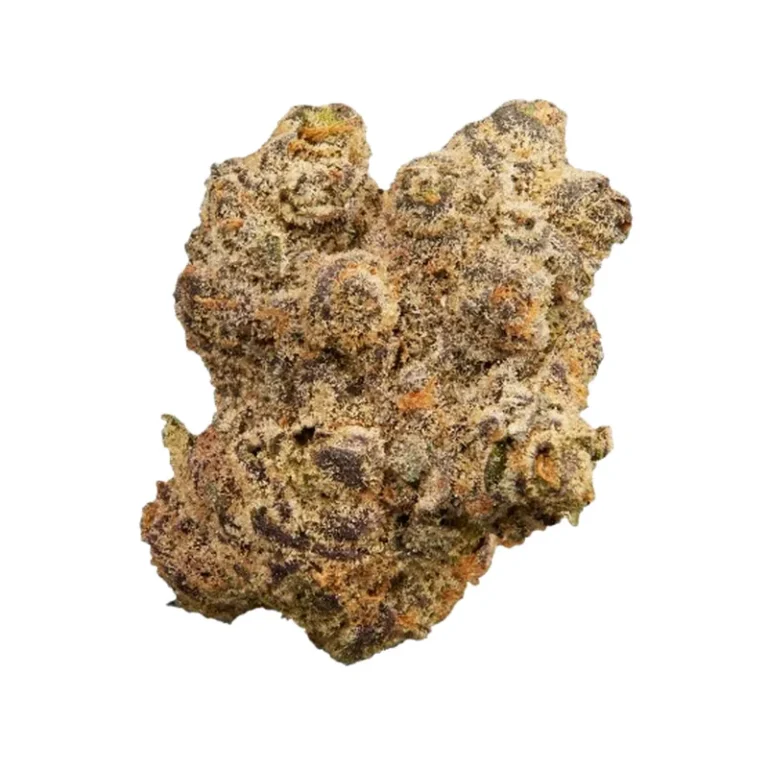 Nahaufnahme einer violett gefärbten Grape Cream Cake Cannabisblüte mit dichtem Trichombelag
