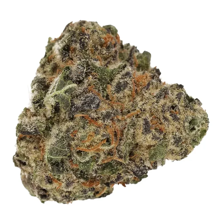 LA Kush Cake Cannabisblüte mit dichtem, goldweißem Trichombelag und violett schimmernden Blattspitzen