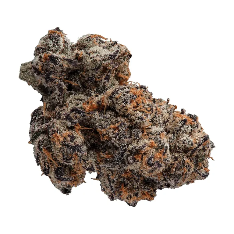 Mellowz Cannabis-Blüte mit violetten Akzenten und dichtem Trichombelag