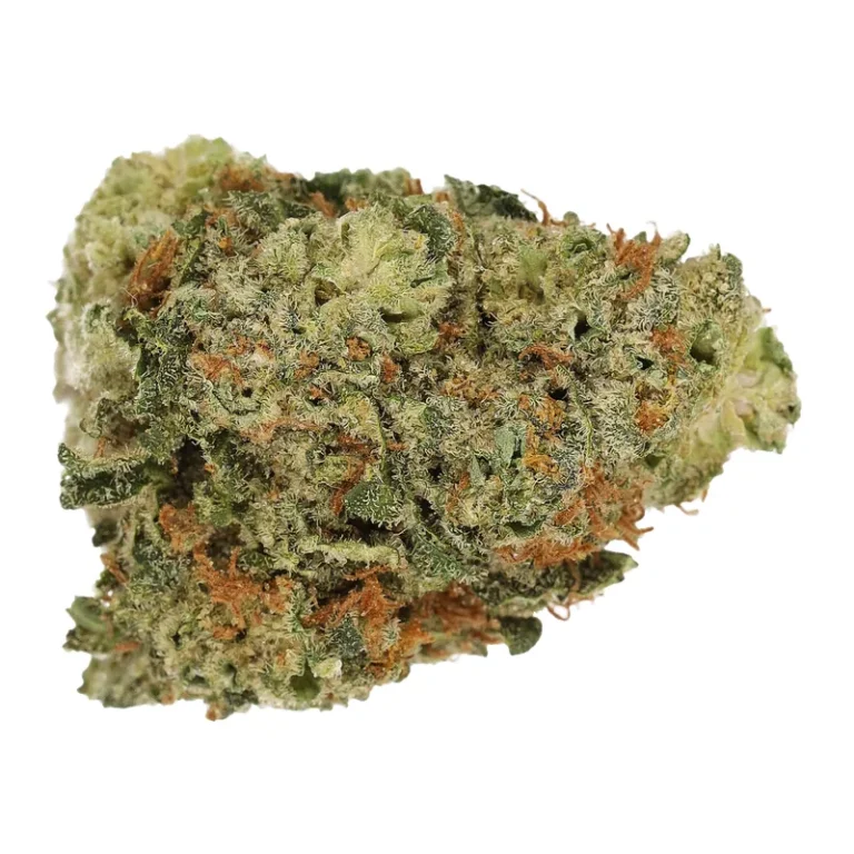 Nahaufnahme einer Strawberry-OG-Cannabisblüte mit dichten Trichomen und rötlichen Stempelfäden